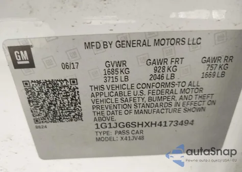 2017 Chevrolet Sonic Lt Auto z USA, uszkodzony, nr VIN 1G1JG6SHXH4173494